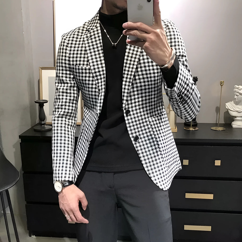 Black and white plaid slim-fit youth fashion jacket with cotton blend fabric, front view, sized M to 2XL