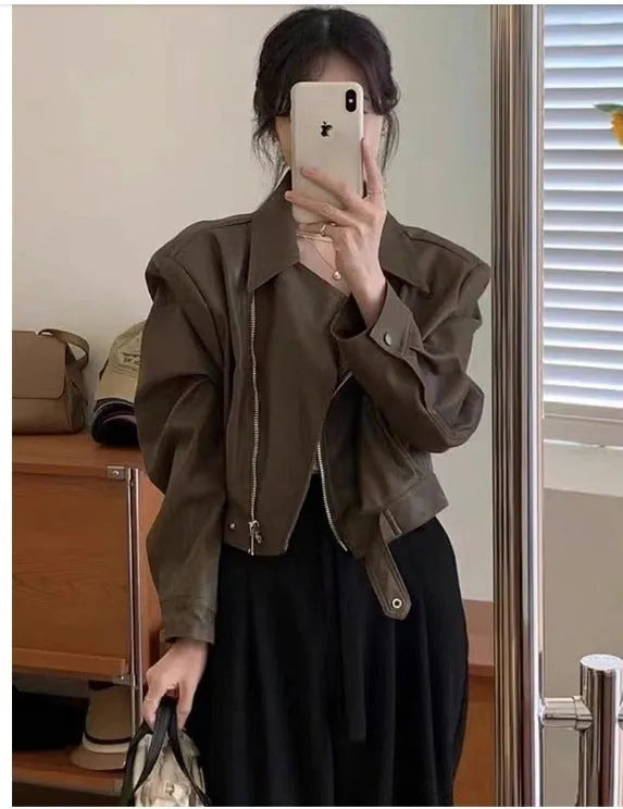 Women's brown retro imitation leather jacket with 40cm length, slim fit, regular sleeves and pocket detailing