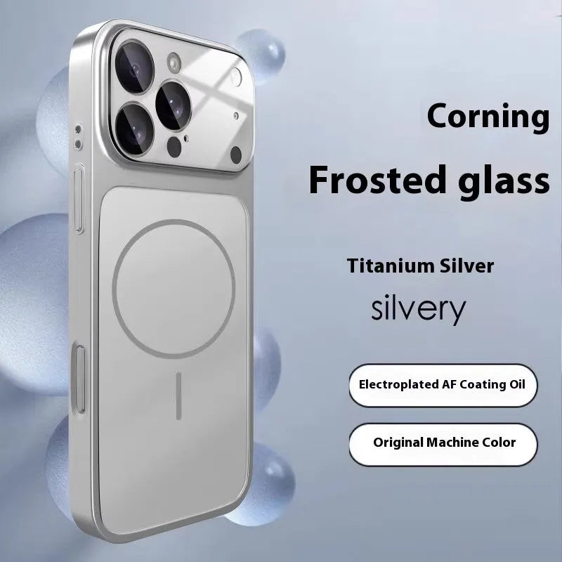 Tempered glass iPhone protective case with magnetic suction, shown in an orange frosted finish.