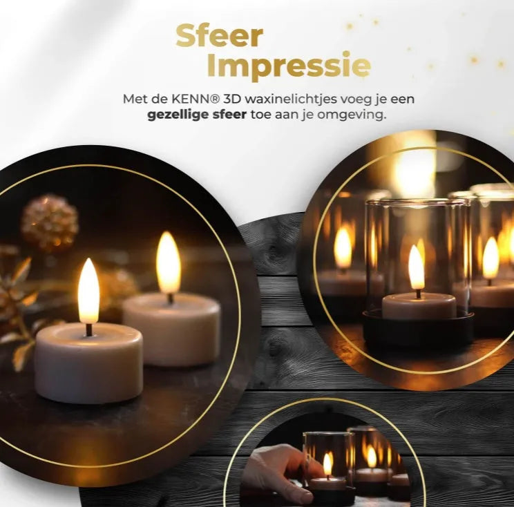 Four taupe-coloured LED tealight candles with a realistic 3D yellow flame effect on a dark surface.