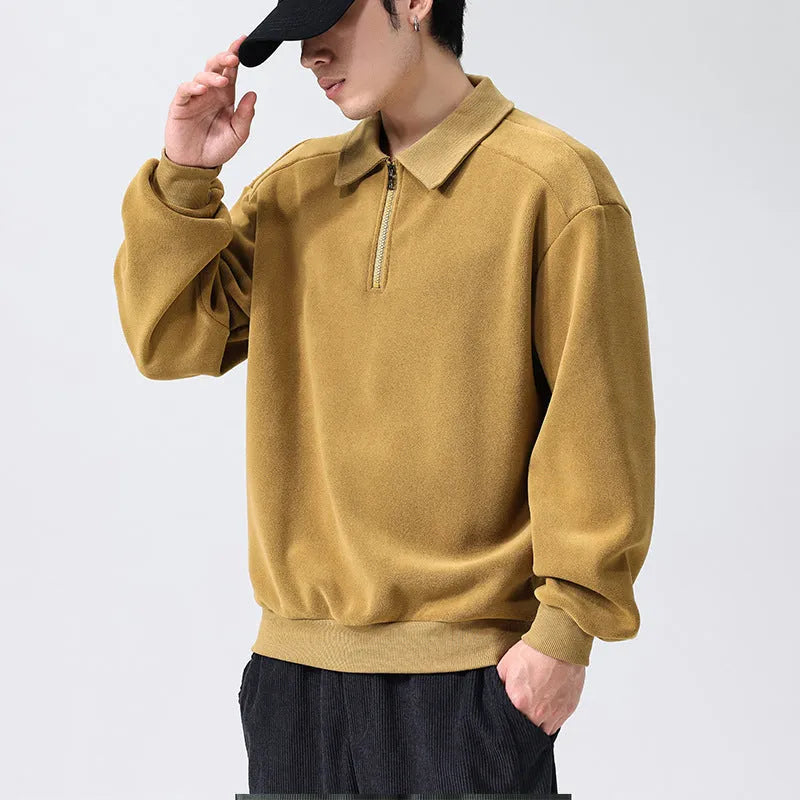 Men's fleece half-zip lapel hoodie in black, long sleeves, polyester cotton blend, winter warm top