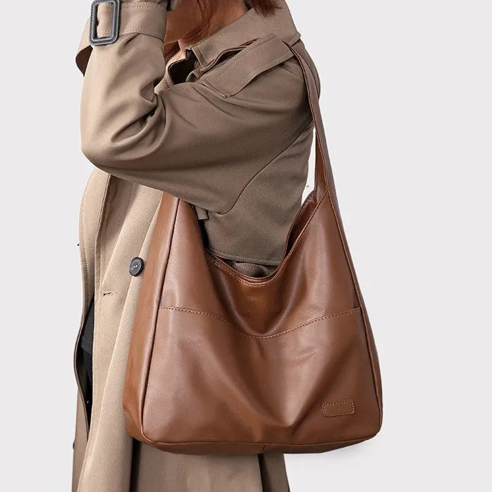 Women's soft black PU leather retro shoulder bag with open pocket and single strap