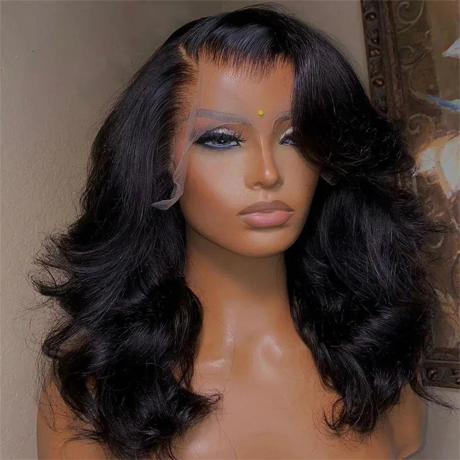 Black short curly wig with transparent lace forehead, high temperature fibre, available in 8 to 16 inch lengths