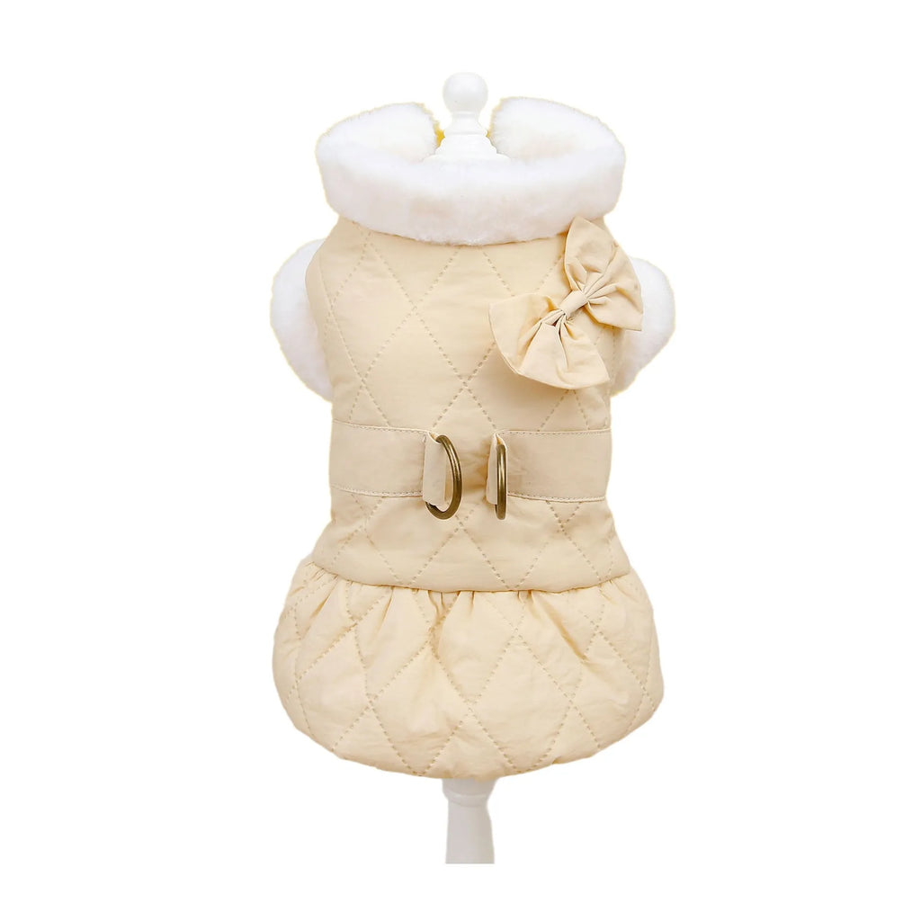 Small dog butterfly cotton-padded dress in apricot or pink, sizes XS to XL, casual cotton pet clothing