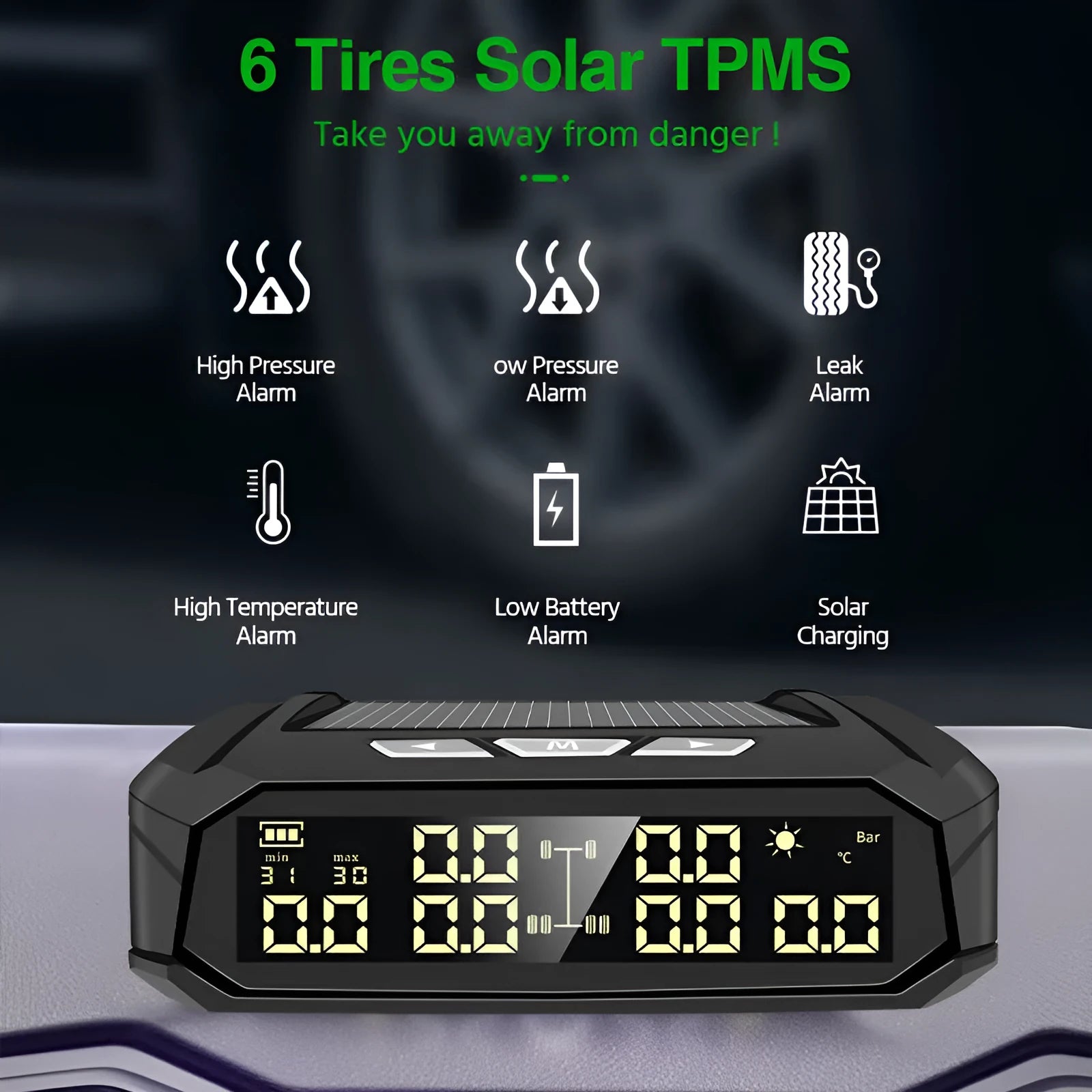 Solar-powered external tyre pressure monitor system for six truck tyres with colour digital display