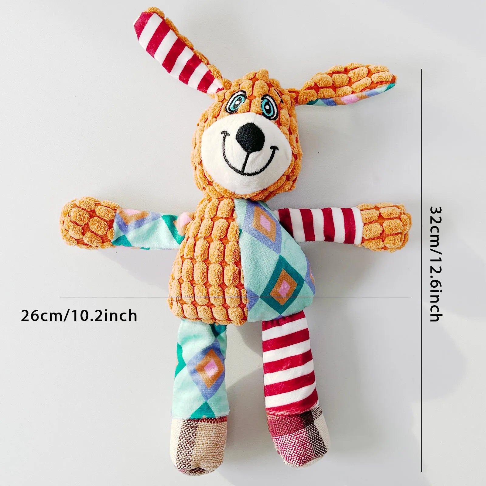 Plush squeaky dog toy in collision colour for small and large dogs, bite-resistant fabric
