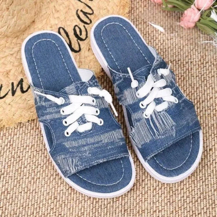 Blue Roman style flat canvas slippers for women with a cloth upper and rubber sole