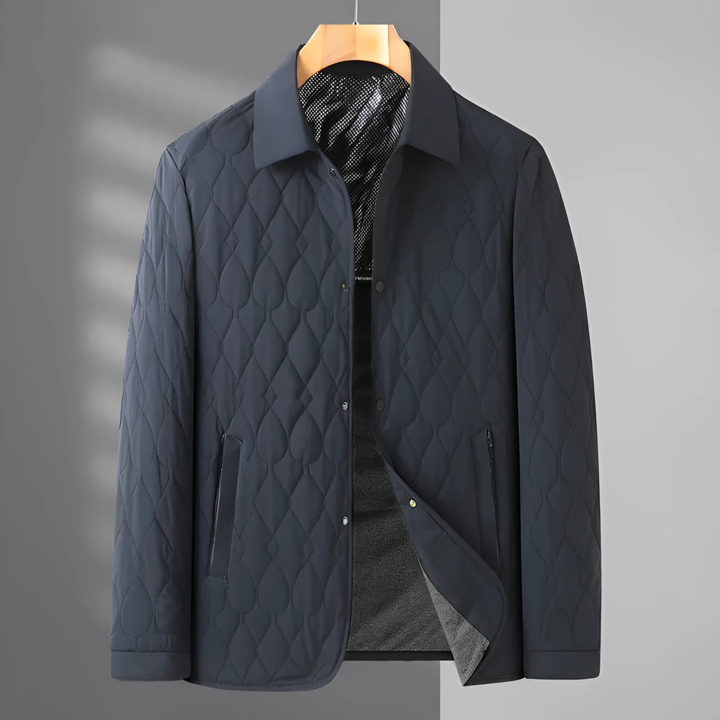 Men's lightweight diamond lattice cotton-padded coat in black, front view, regular fit