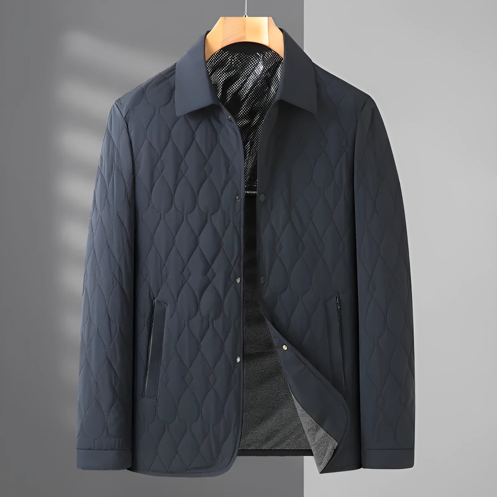 Men's lightweight diamond lattice cotton-padded coat in black, front view, regular fit