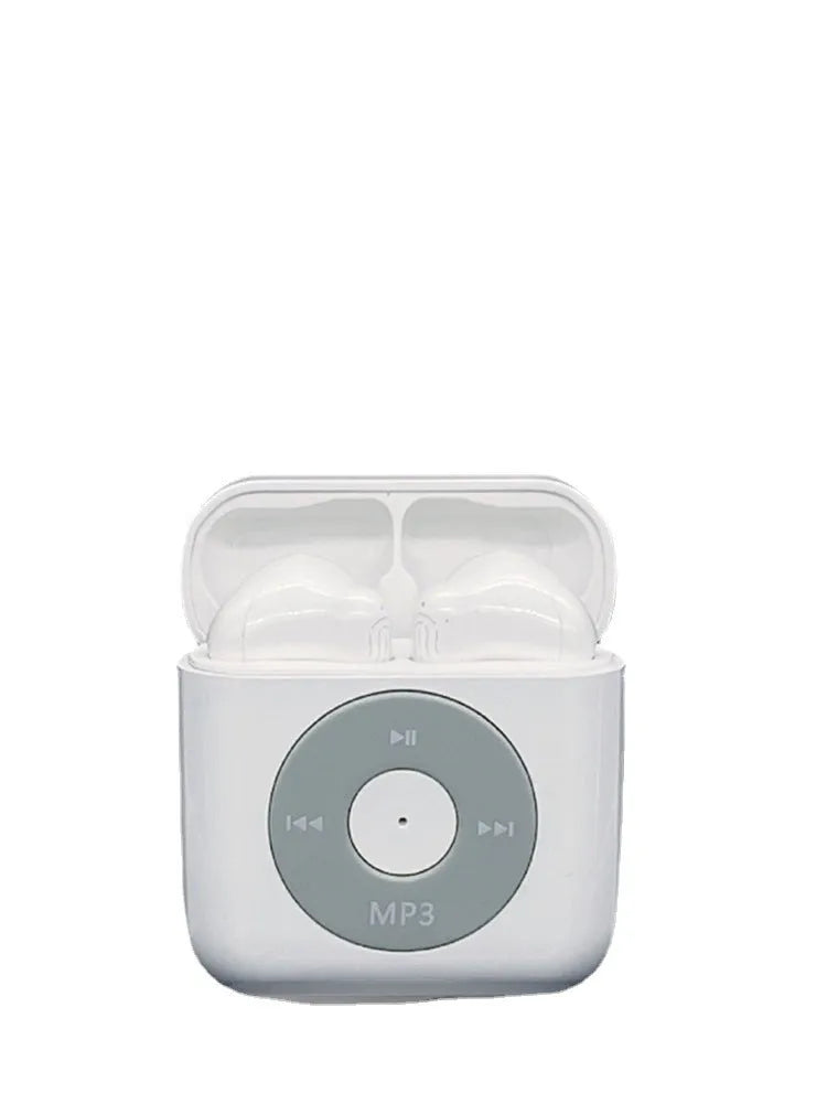 White wireless Bluetooth semi in-ear earphones with charging case on a solid background.