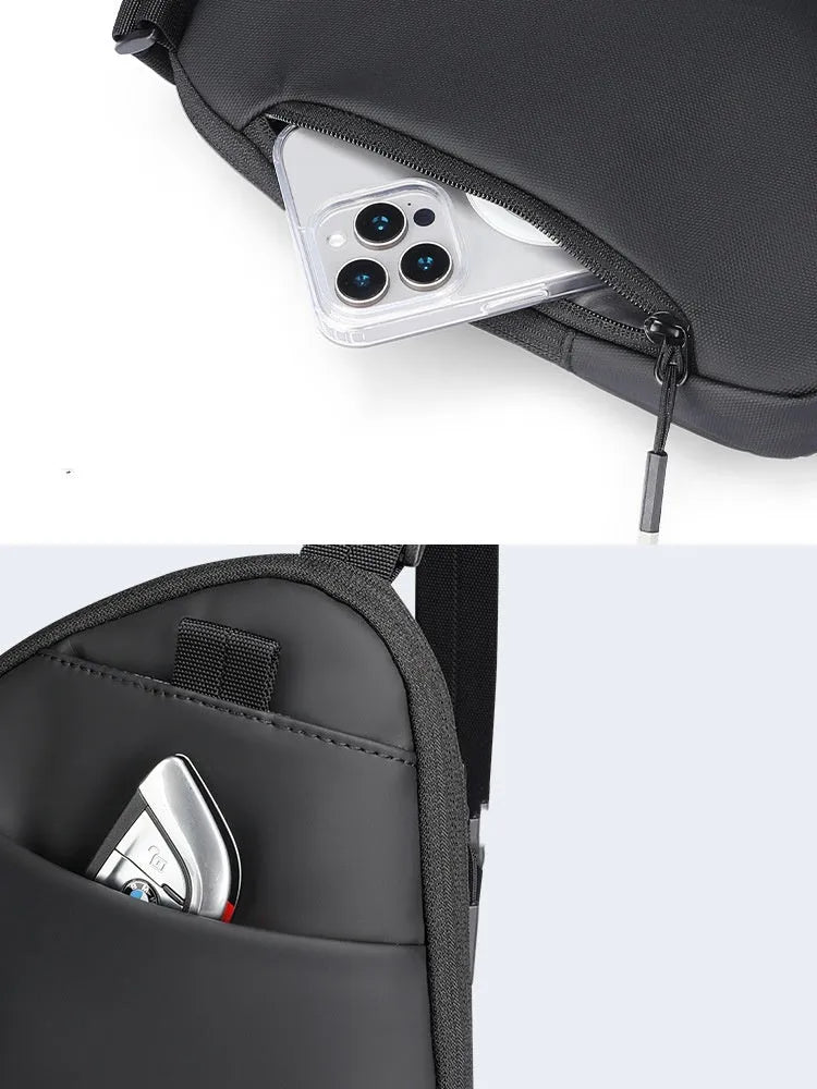 Men's black oxford cloth crossbody bag with sewing thread reinforcement