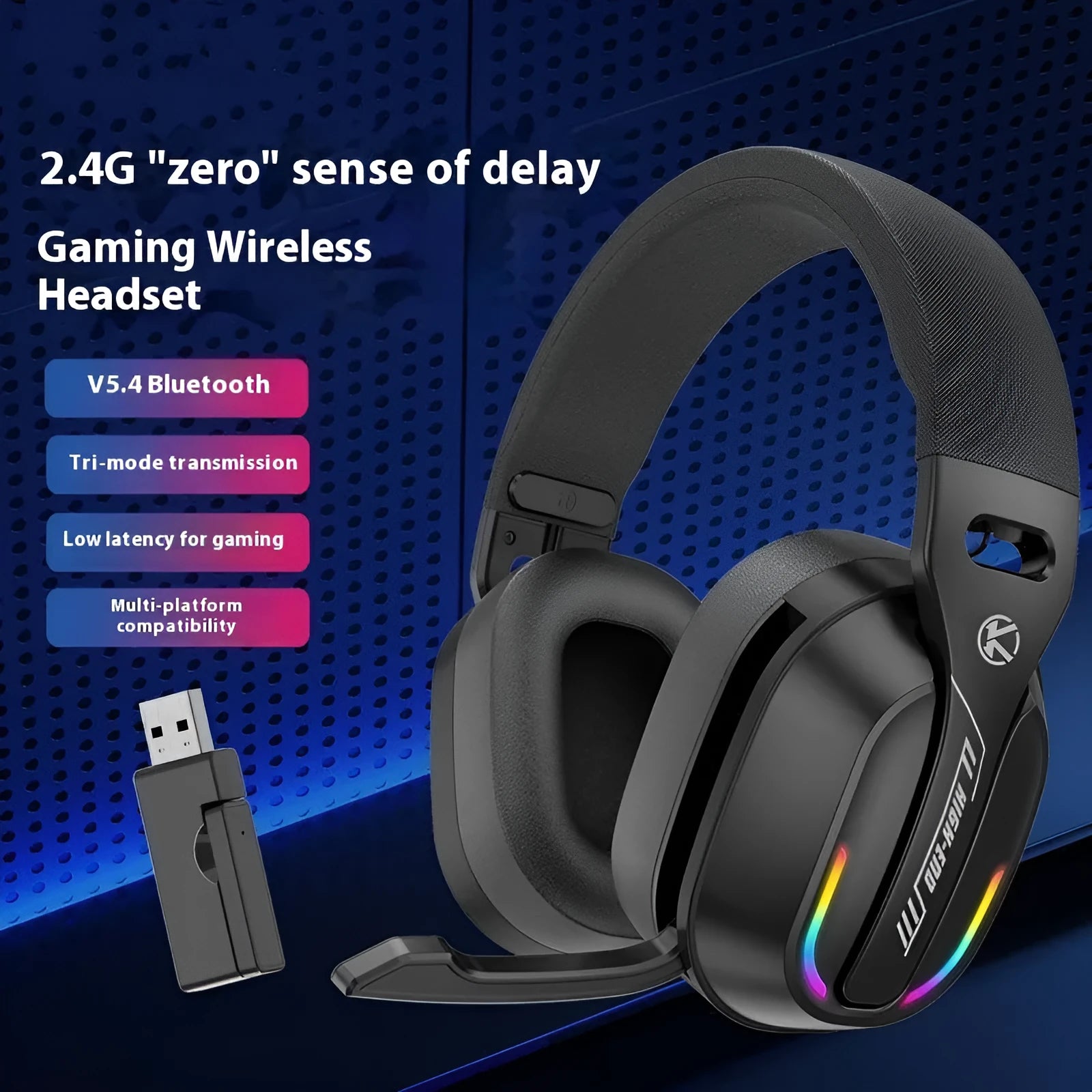 Black ANC three-mode low latency wireless headset with over-ear design and ABS construction for e-sports gaming