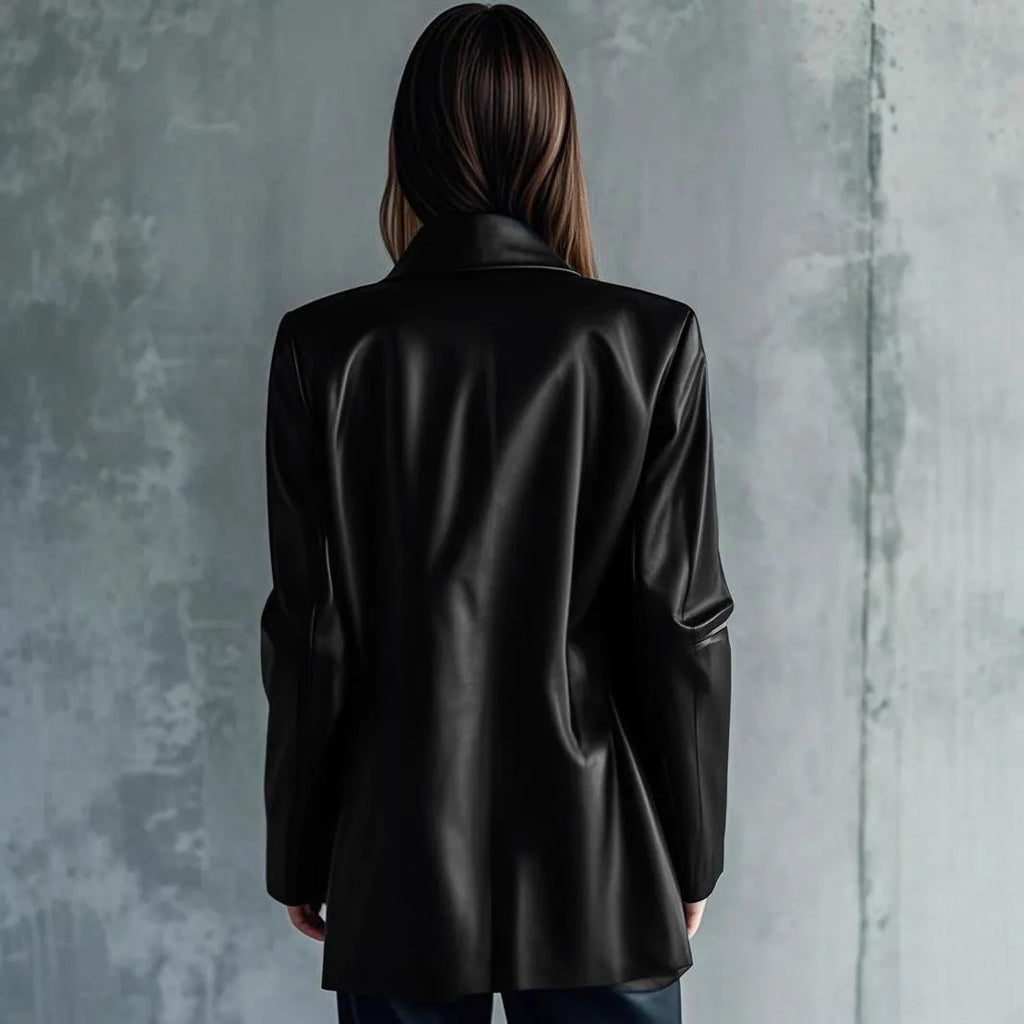 Women's black polyester leather jacket with medium length 65cm cut and long sleeves