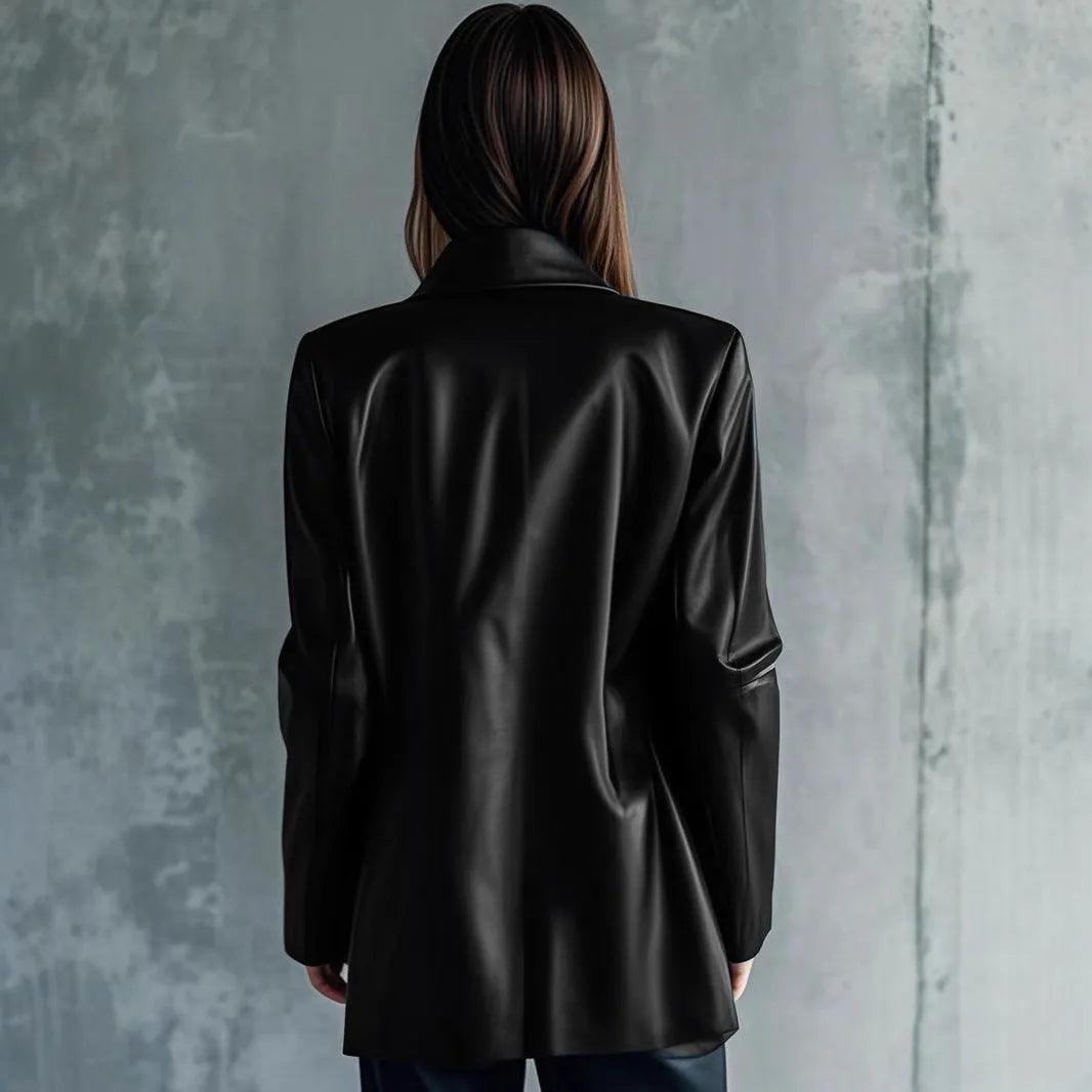 Women's black polyester leather jacket with medium length 65cm cut and long sleeves