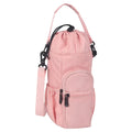 Canvas water bottle shoulder pouch with crossbody strap in black, green, and pink colour options