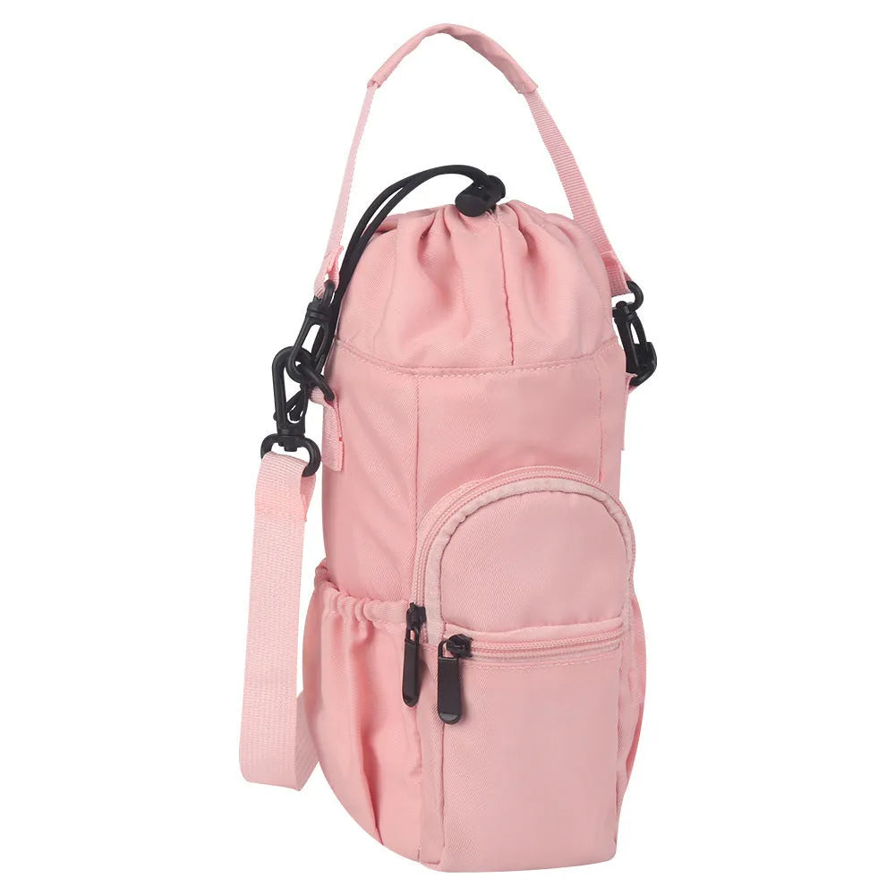 Canvas water bottle shoulder pouch with crossbody strap in black, green, and pink colour options
