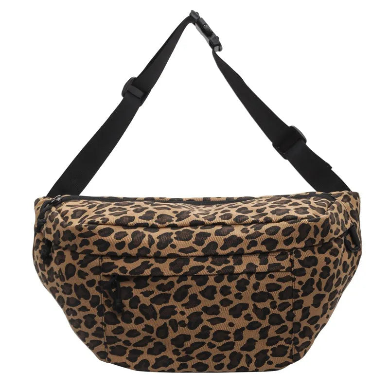 Soft canvas leopard print chest bag in brown with patchwork detailing, large capacity, multiple colours available