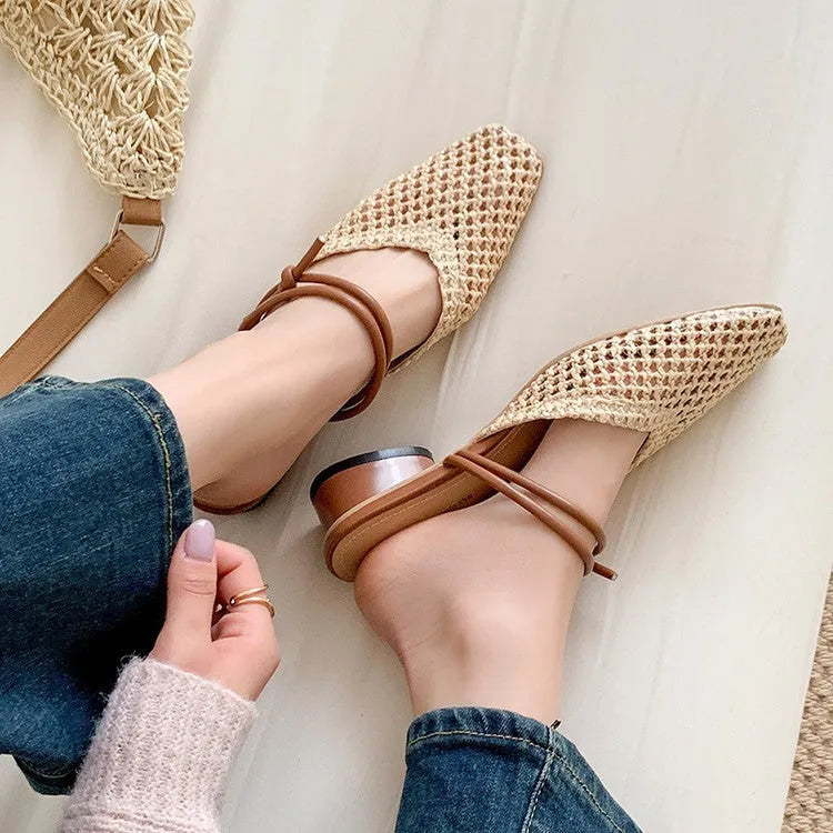 Women's square toe chunky heel slippers in beige, showing hollow-out breathable design and rubber sole.