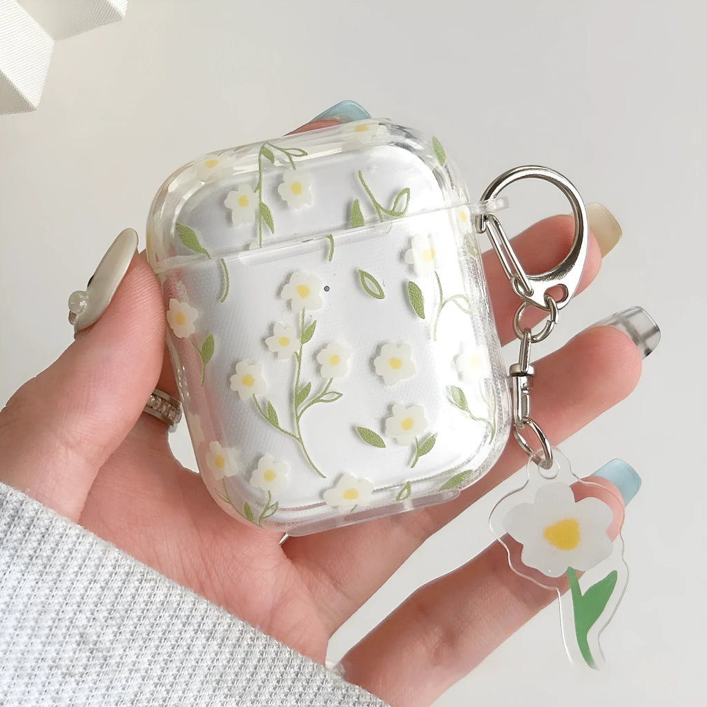 White floral high-transparent TPU protective cover for Apple AirPods on a table