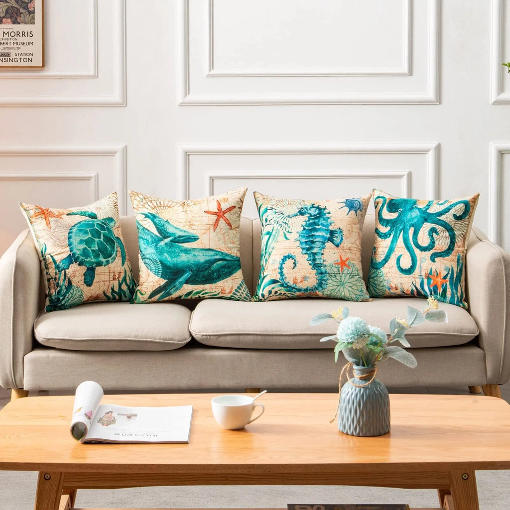45cm square linen cushion cover with sea turtle pattern and invisible zipper