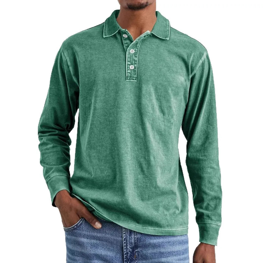 Men's retro washed distressed pure cotton lapel collar long sleeve polo shirt