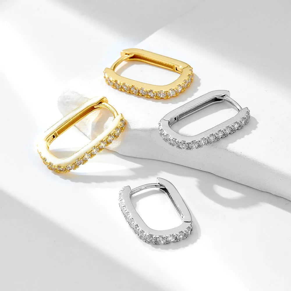 S925 sterling silver oval zircon ear clip earrings with geometric European design in white or yellow colour