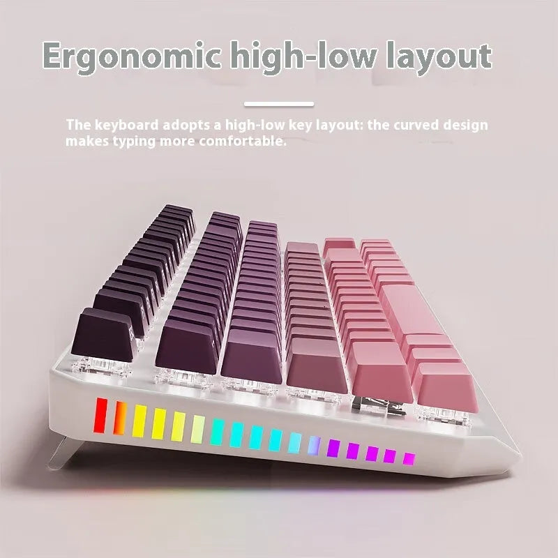 Silver white 87-key wired mechanical keyboard with side engraving and white backlight on a desk