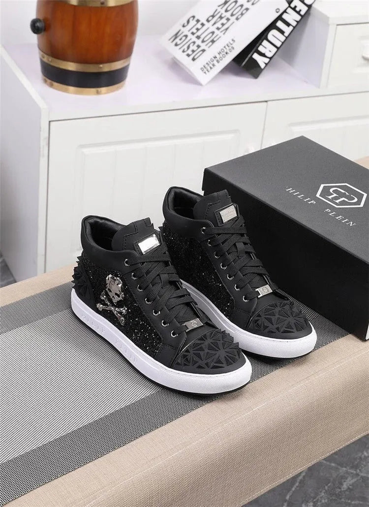 Men's black genuine leather skeleton high top shoes with lace-up closure and round toe design