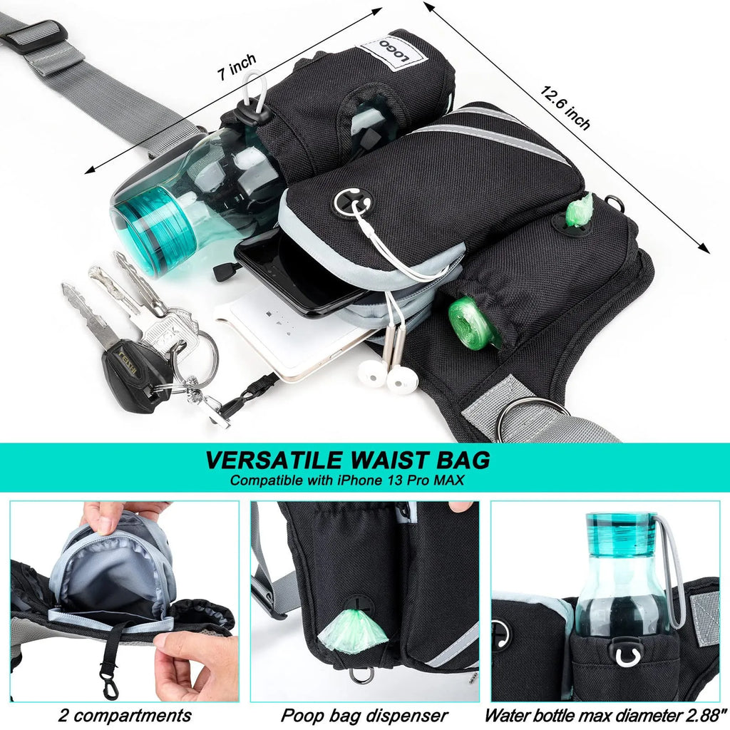Black nylon dog walking set with waist bag and leash for outdoor use