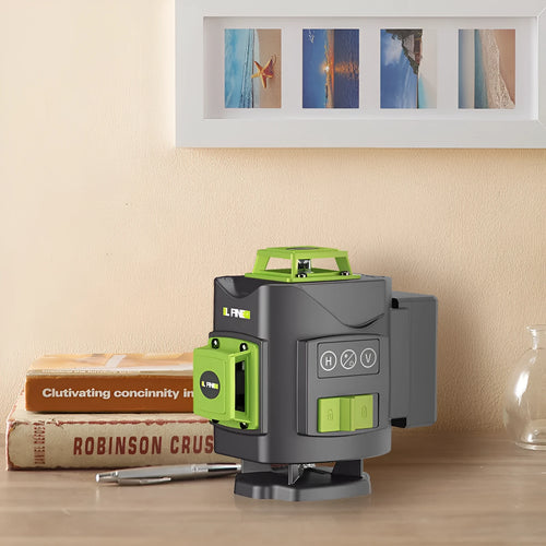 16 line 3D green laser level with nylon and aluminium construction measuring 11x13.5x13.5cm