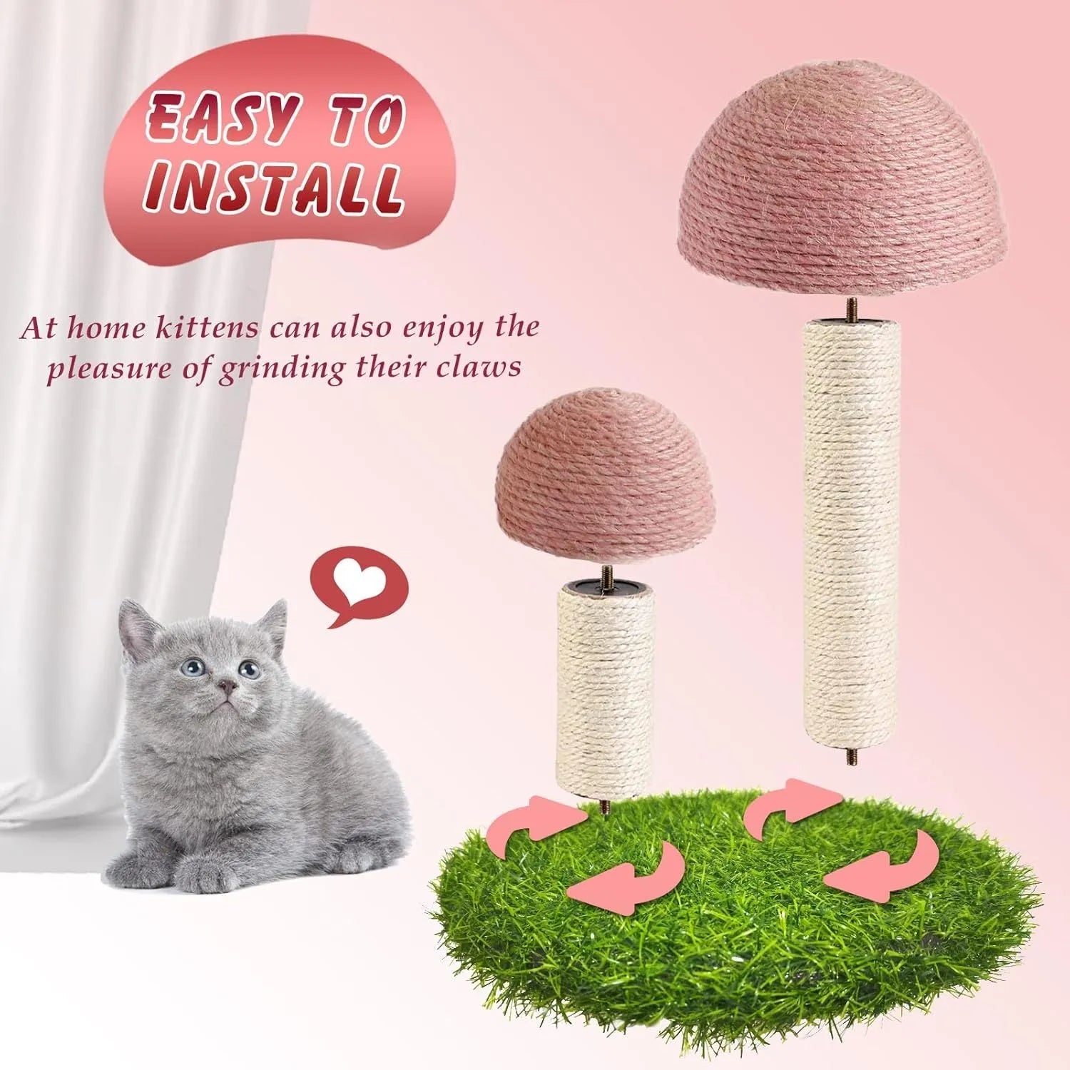 Pink mushroom-shaped cat scratching post with natural sisal fibre covering, for kittens and small cats.