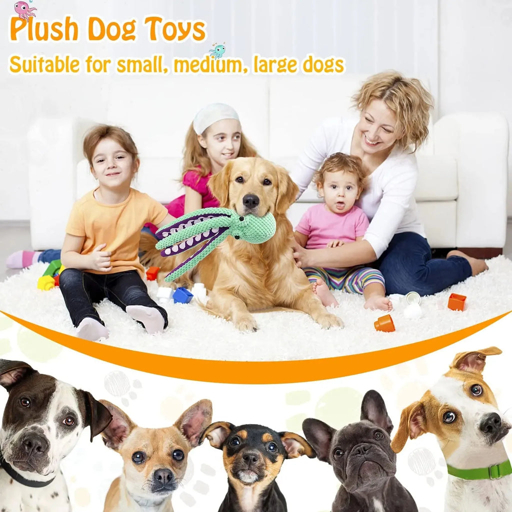 Blue octopus plush dog chew toy with six legs and squeaker for interactive play