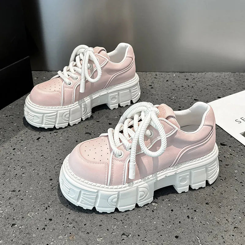 Women's beige leather casual shoes with muffin bottom height-increasing design