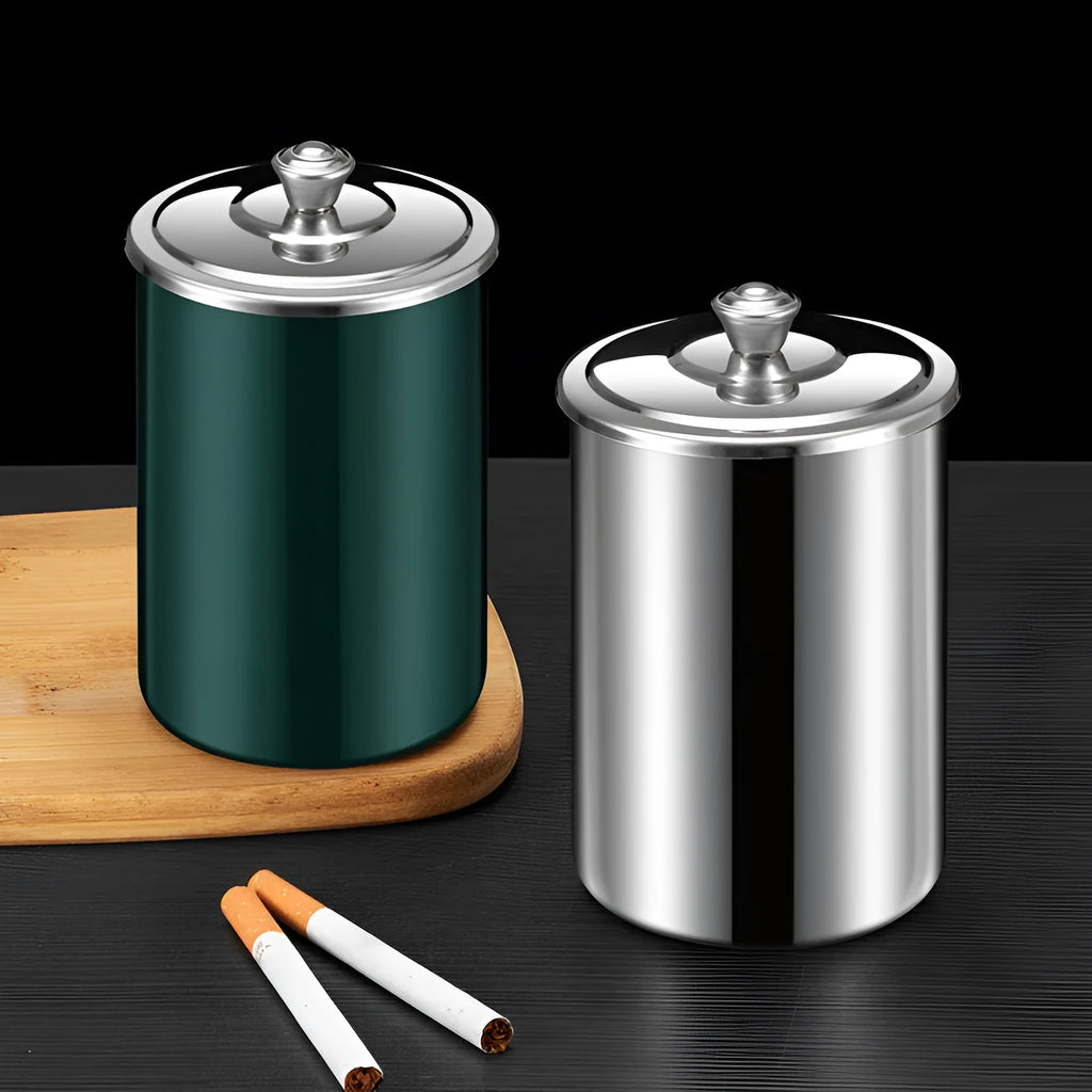 Stainless steel fly ash ashtray with cover measuring 7.5cm by 9.5cm