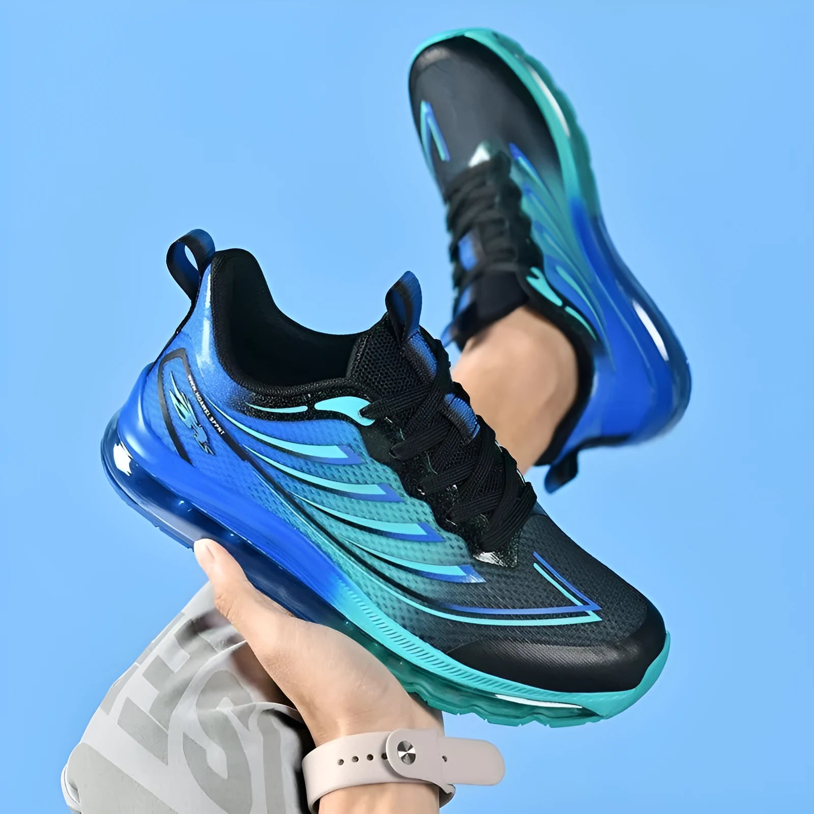 Men's plus size woven fabric sneaker in size 48, shown in black blue colour with round toe.