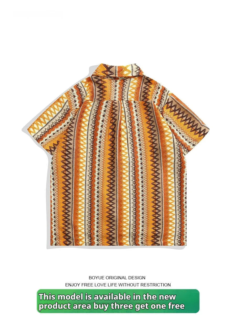 Ethnic style Cuban collar shirt with contrast colour detailing and drop-shoulder sleeves