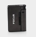 Two aluminium alloy automatic cigarette cases with brushed metal finish, one-button discharge, and removable lighter core on a dark background