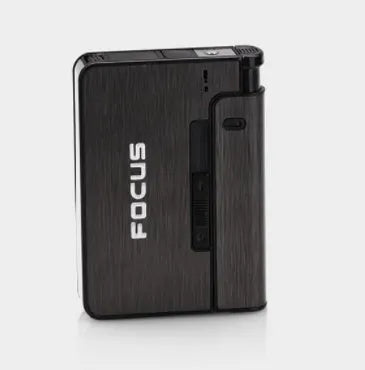 Two aluminium alloy automatic cigarette cases with brushed metal finish, one-button discharge, and removable lighter core on a dark background
