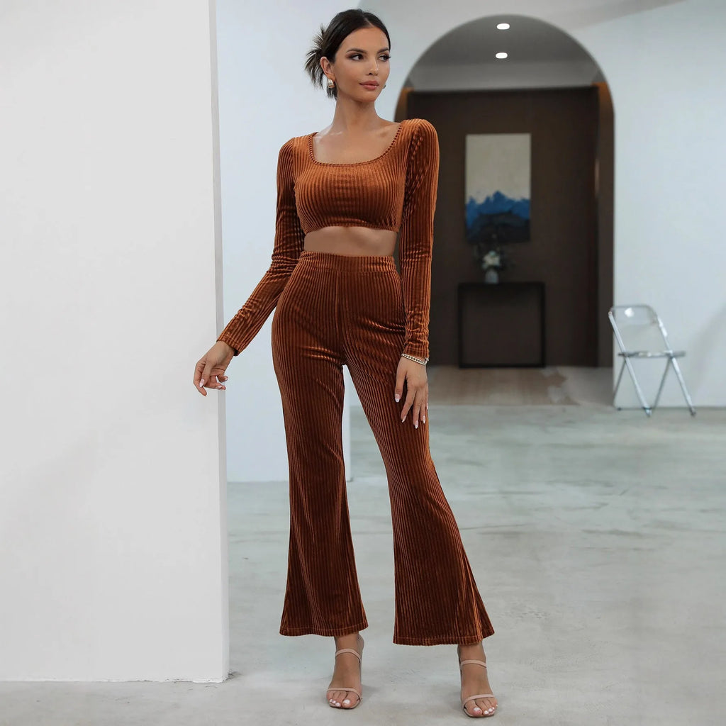 Women's caramel coloured long sleeve sweater and matching trousers casual set
