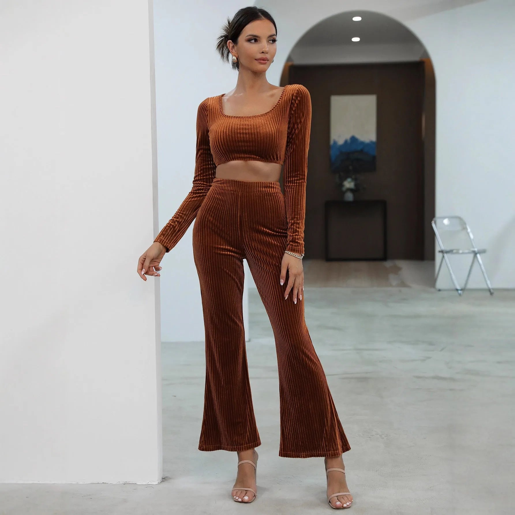 Women's caramel coloured long sleeve sweater and matching trousers casual set
