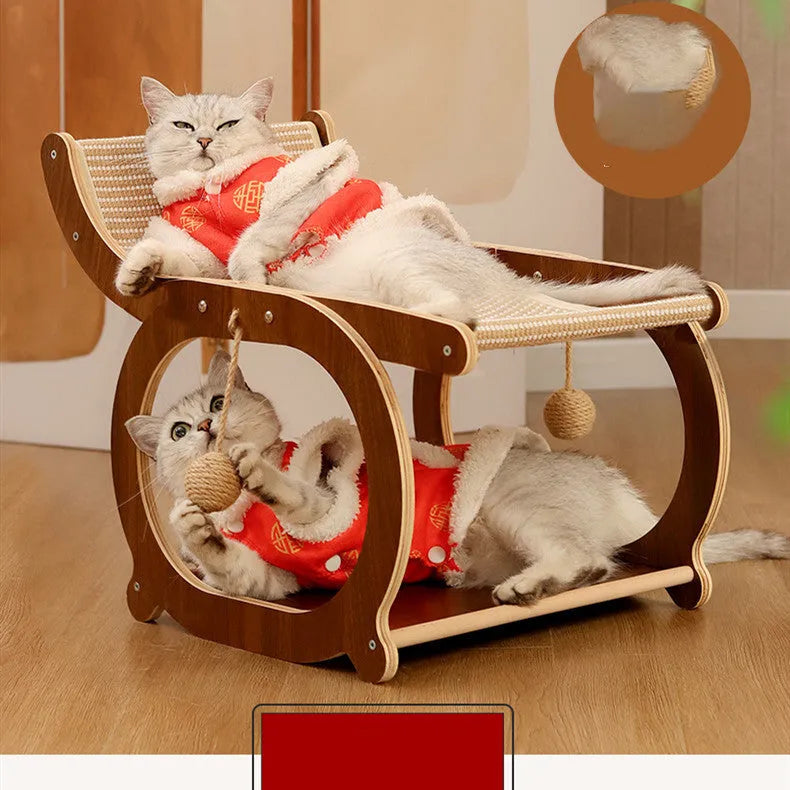 Solid wood recliner-style cat scratcher and bed with sisal surface in walnut colour.
