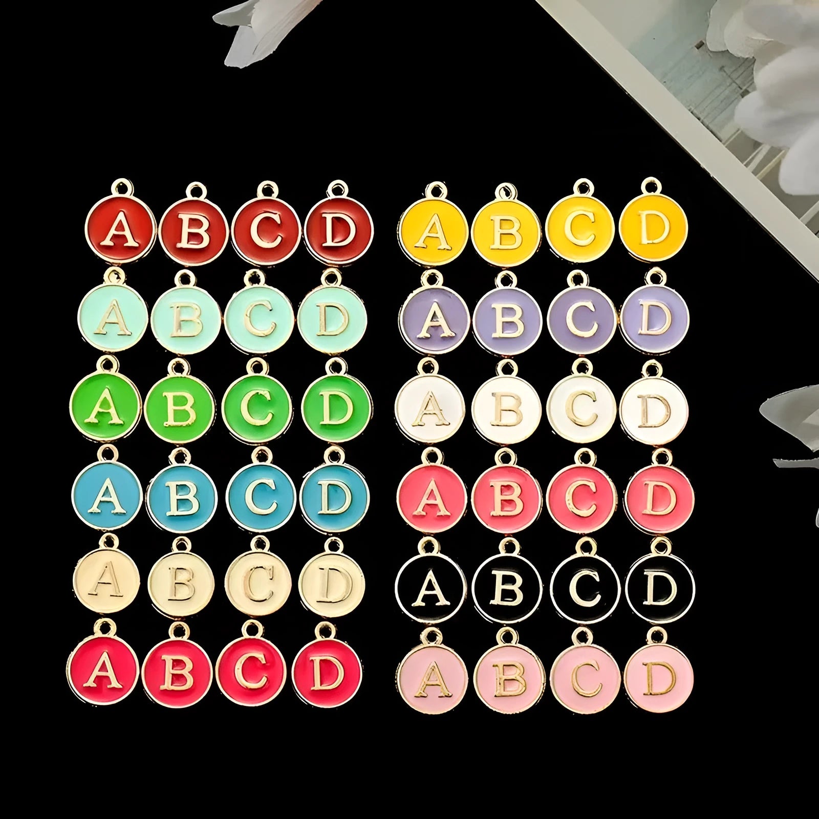Round drop oil English letter alloy pendant set in multiple colours for DIY jewellery making