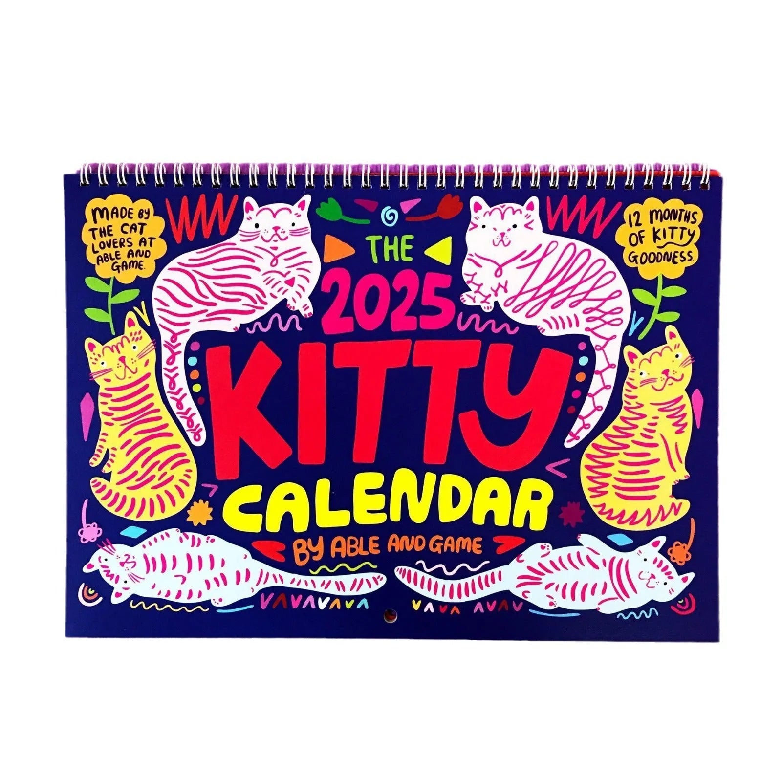 A4 paper wall calendar with cat-themed artwork for monthly planning, available for 2024 or 2025.