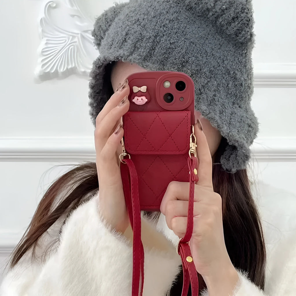 Red crossbody card holder phone case with lanyard and red diamond plaid TPU finish for iPhone