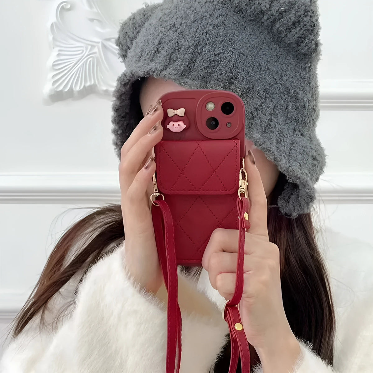 Red crossbody card holder phone case with lanyard and red diamond plaid TPU finish for iPhone
