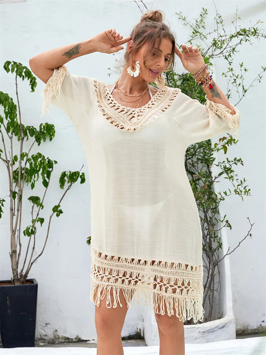 Apricot hand-crocheted women's beach dress for swimming and beach cover-up