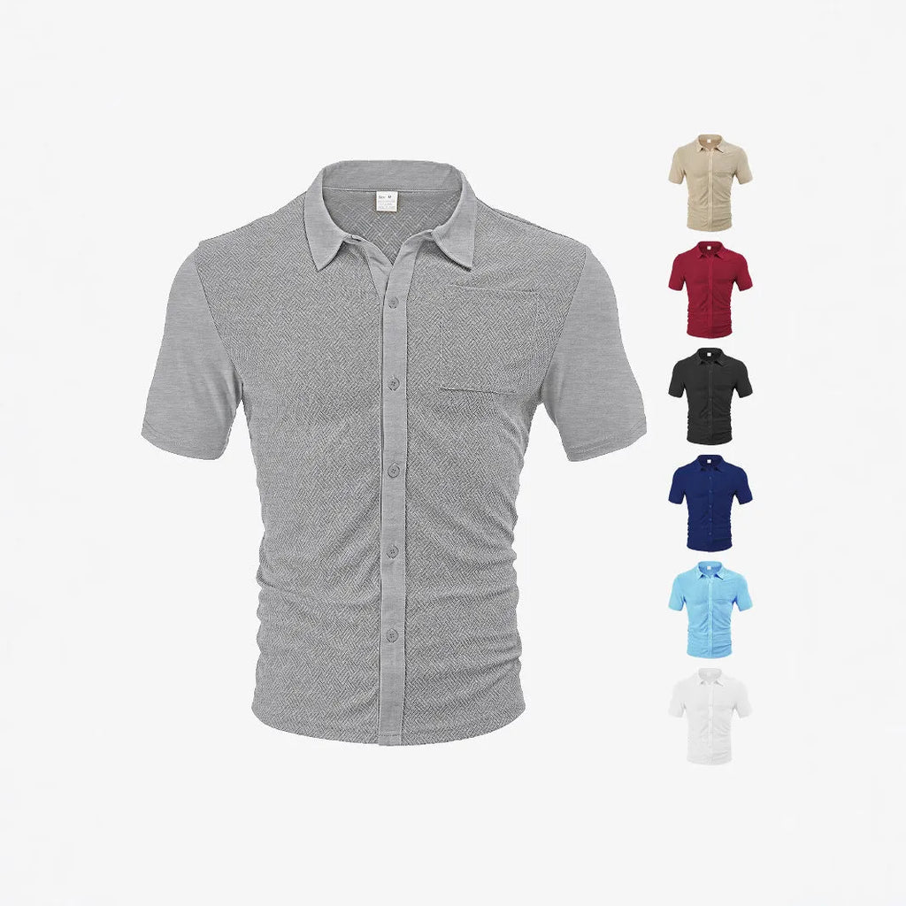 Loose breathable lapel cardigan with jacquard short sleeves in white, navy blue, black, burgundy, khaki, hemp gray, or light blue.