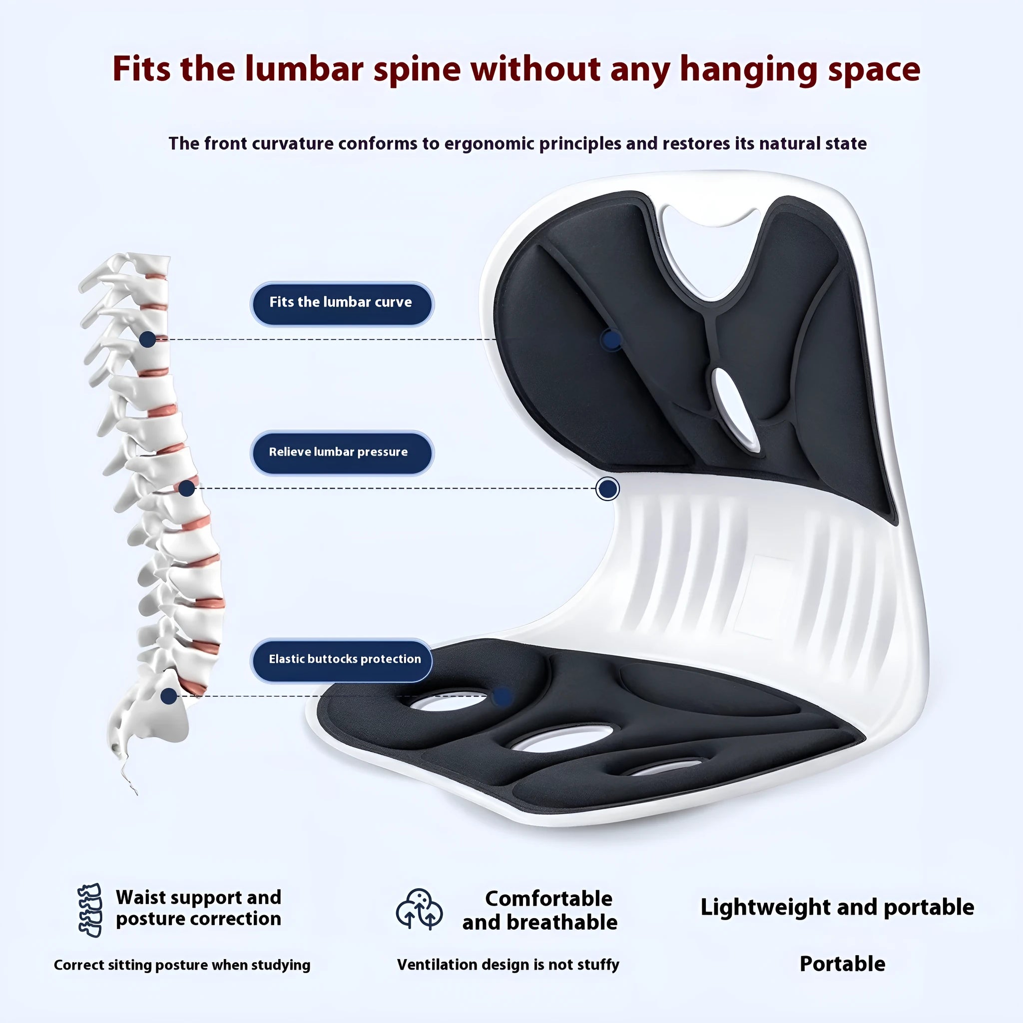 Grey lumbar support cushion with PE polyethylene construction and sponge filler for office chairs