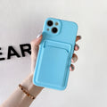 Sky blue colour-block silicone iPhone case with card slot for models 13 to 17