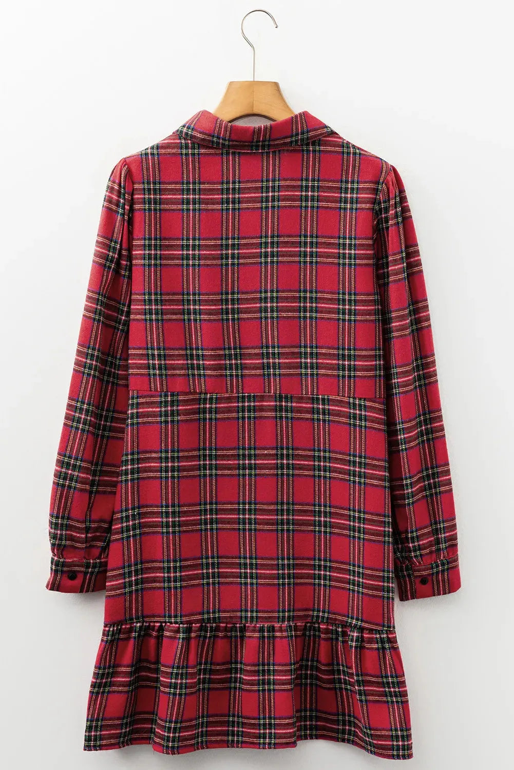 Red and black plaid women's mini dress with a shirt collar, long sleeves, and a ruffled hem.